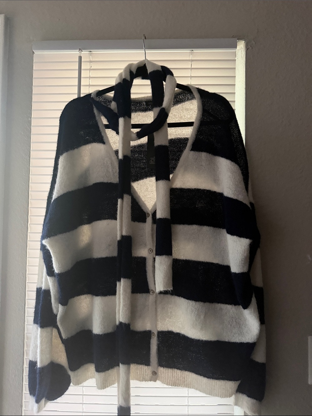 Striped Blue  and White Women’s Button Cardigan with Tie